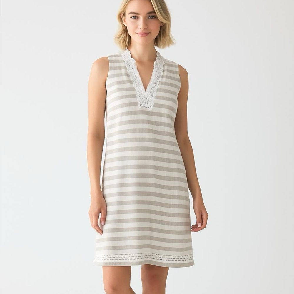 Eliza J Tan Cream Striped Sleeveless Dress Crochet Trim Linen SZ 4